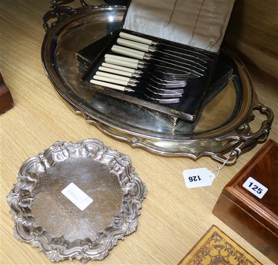 Two oval silver plated tea trays, a plated waiter, set of silver handled flatware